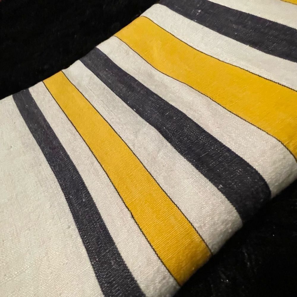 Vintage White Yellow and Blue Striped Tablecloth